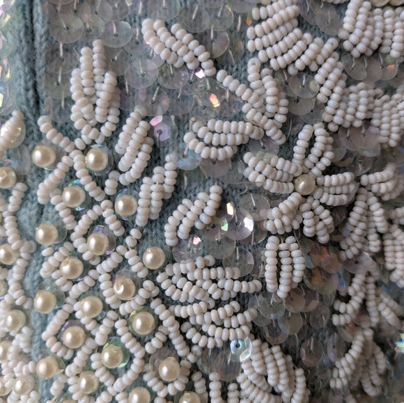 Vintage Regalia Imports Sequin Tank White Floral Beads on Blue Wool L - Picture 8 of 16
